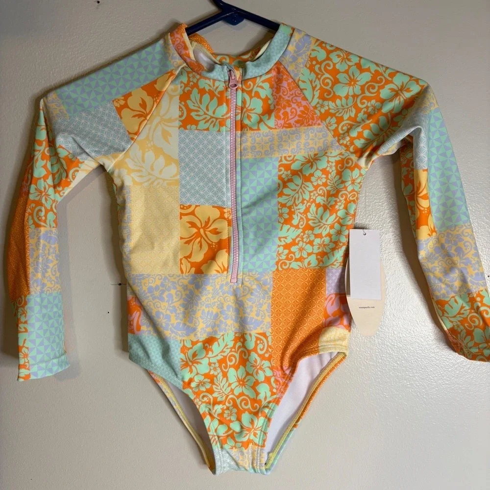 Ocean Pacific Kids Girls Size 6X Orange Patchwork Floral Rash Guard Swimsuit NWT